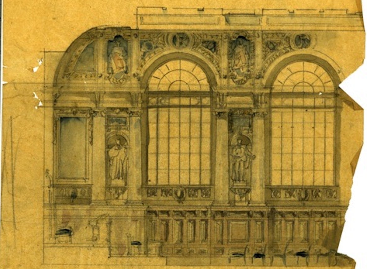 A sketch by Julia Morgan of an art deco style building.