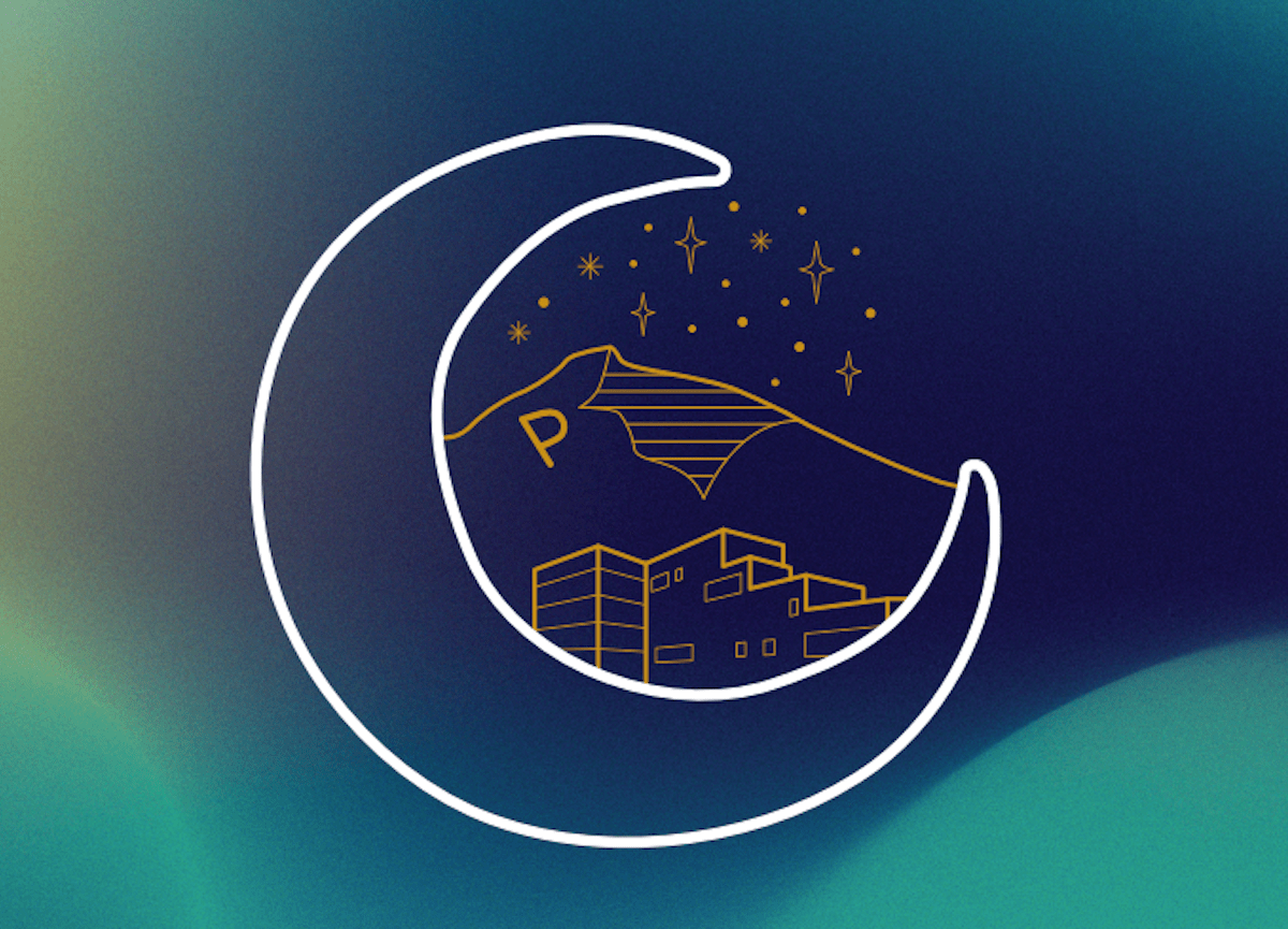 Crescent moon event graphic in blues and greens