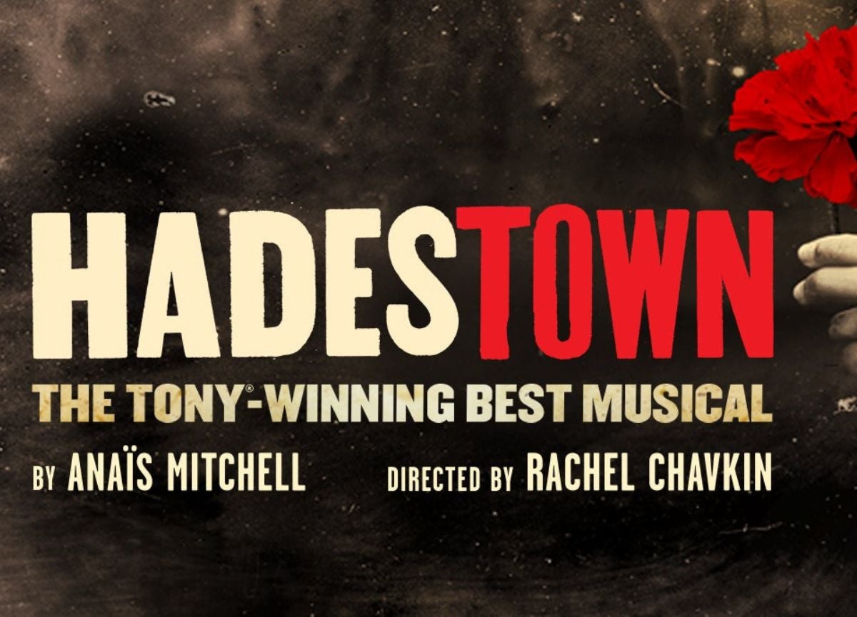 Hadestown logo with red flower in hand.