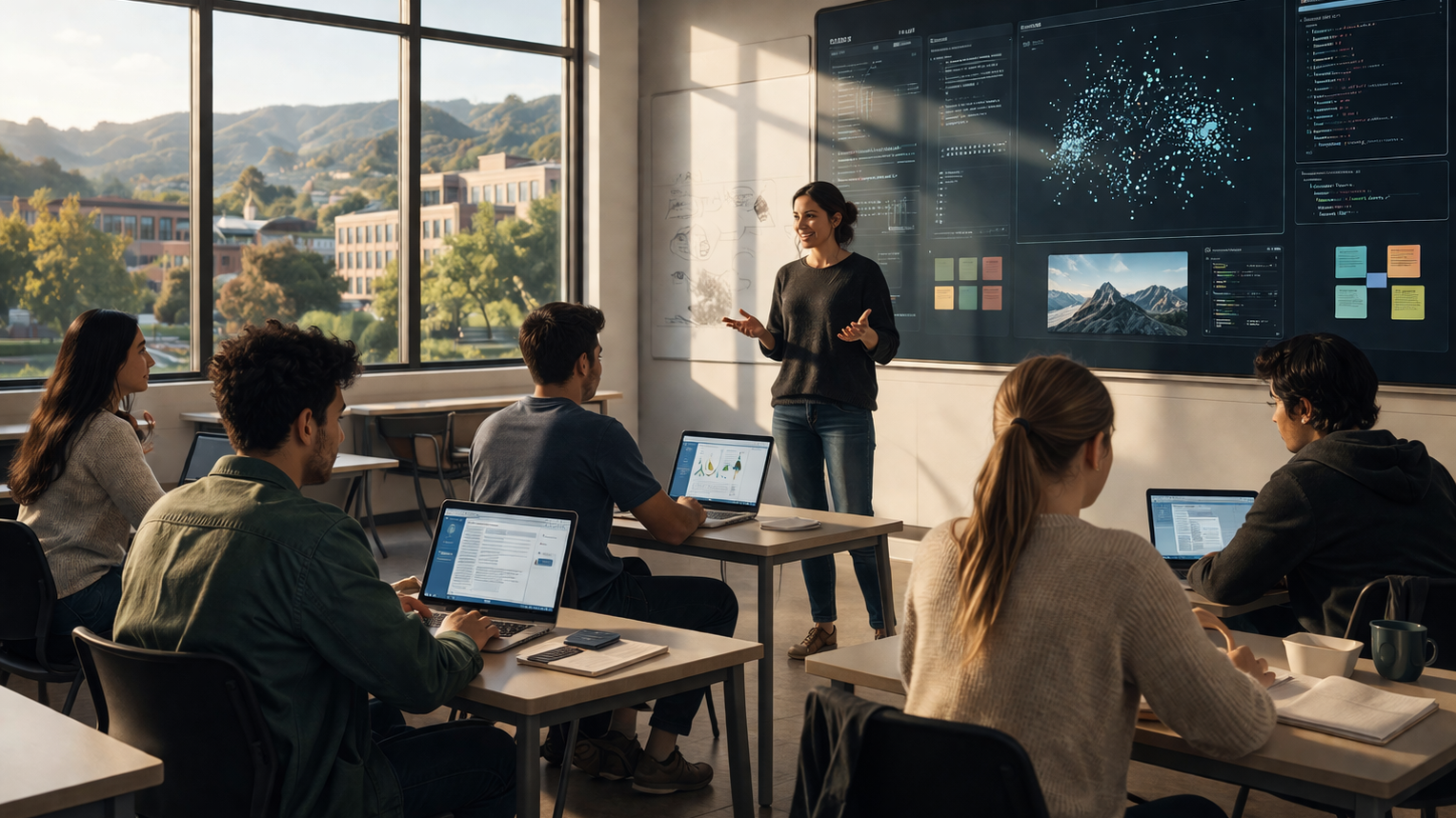 A professor using AI as a tool to lecture in the classroom.