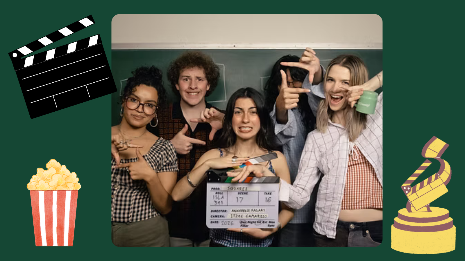 A graphic with an image of students with a clapboard and illustrations of popcorn, an award and a clapboard.