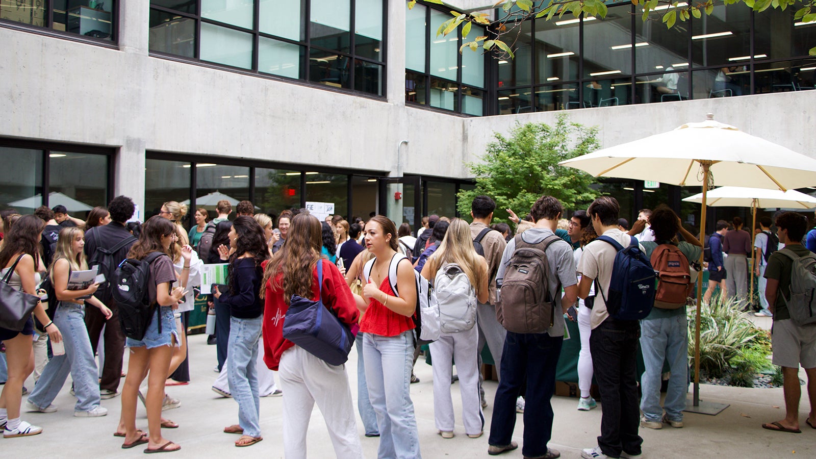 Students visiting booths at the Study Abroad Fair.