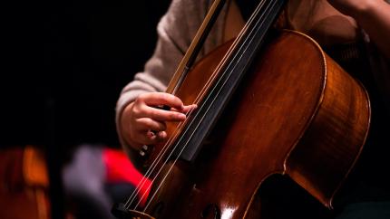 Student playing the Bass in the Cal Poly Symphony