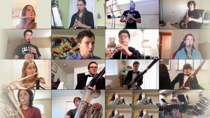 Twelve members of the CP Wind Band appear on a zoom screen