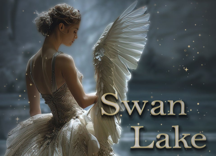 Ballerina with wings poses facing away.