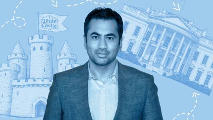 A photo of Kal Penn with illustrations of White Castle and the White House in the background.