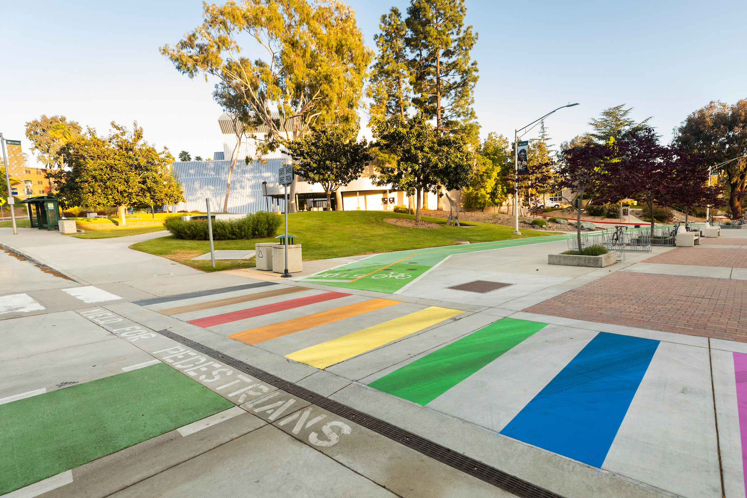 Cal Poly campus crosswalk painted in pride colors
