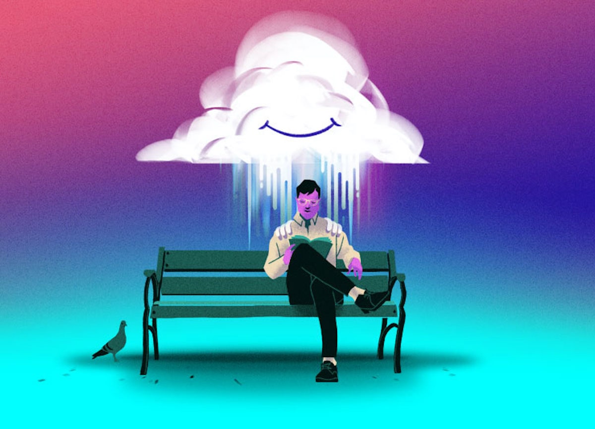 The show's poster with Dolan sitting on a bench under a cloud