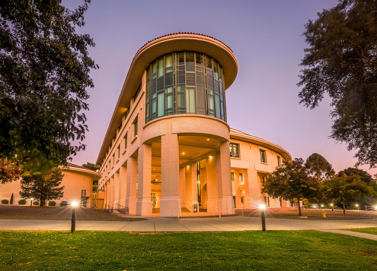 Orfalea College of Business at dusk.