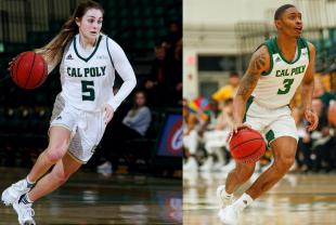 Members of the men's and women's Cal Poly Basketball Teams dribble ball