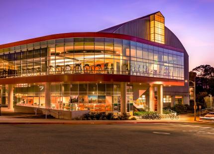 The Cal Poly Recreation Center at dusk.